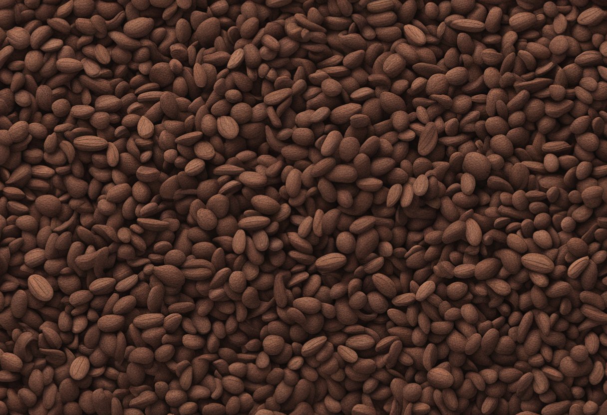 A pile of cocoa bean mulch with rich brown color, fine texture, and earthy aroma, labeled with safety warnings and usage instructions