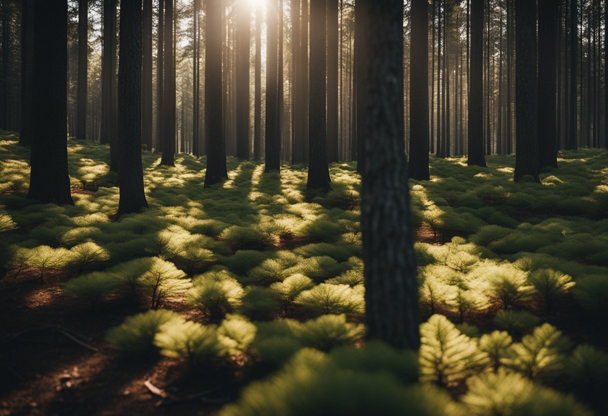 A vibrant pine forest with sunlight filtering through the tall trees and casting dappled shadows on the forest floor