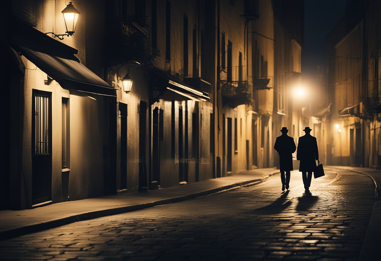 A dark alley with shadowy figures exchanging money and loan documents under the glow of a flickering streetlight