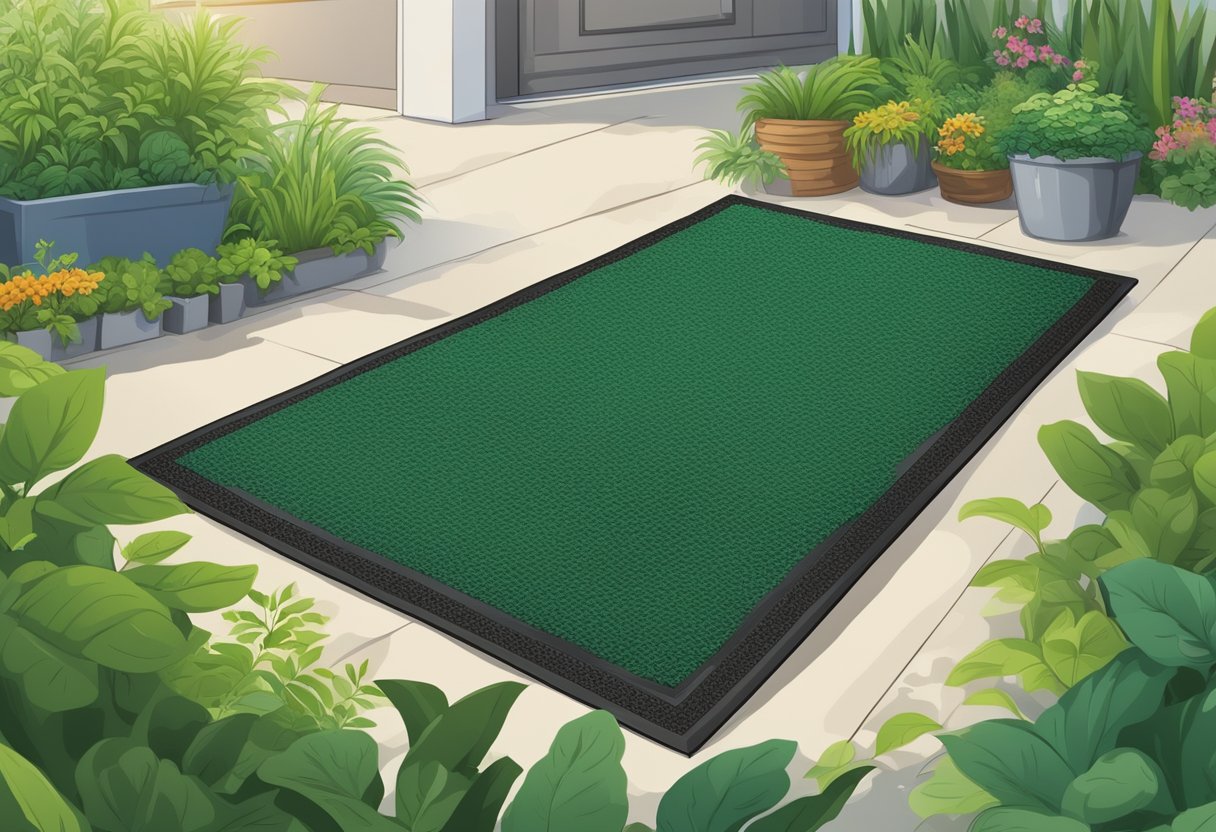 A rubber mulch mat lies on the ground, surrounded by vibrant green plants. A price tag and purchasing information are displayed nearby
