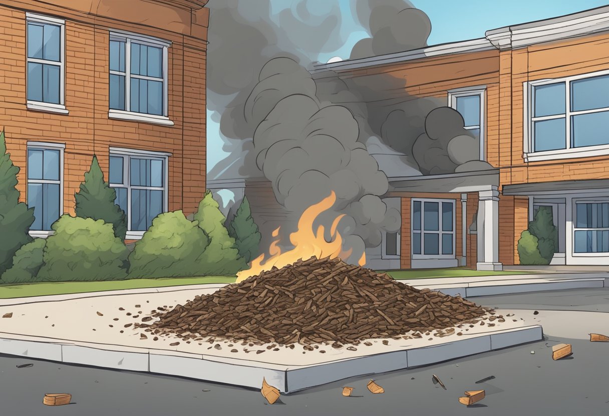Dry mulch smolders near a building, with smoke rising and flames flickering. A discarded cigarette butt lies nearby