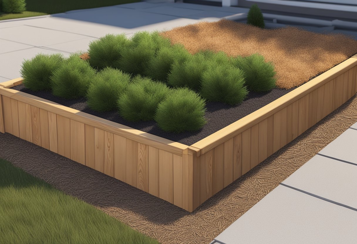 A garden bed with pine straw on one side and mulch on the other, with a clear division between the two materials