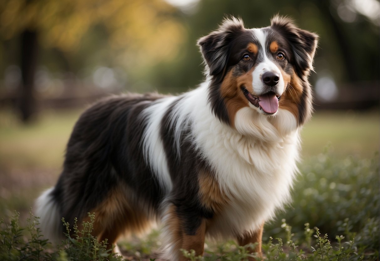 The Australian shepherd's fur grows in thick and wavy, with a mix of colors including black, white, and tan. The coat is medium in length, with a dense undercoat and longer, weather-resistant outer coat