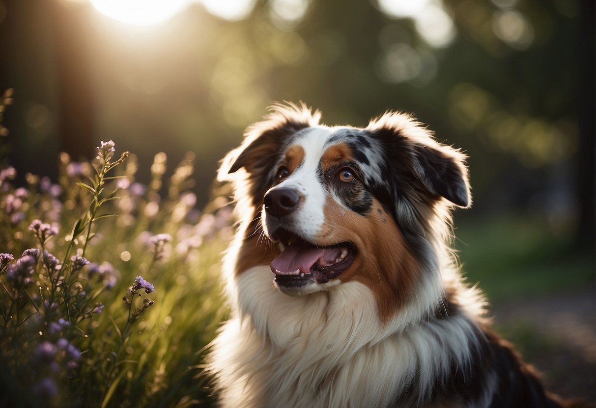 An Australian shepherd's fur grows in a FAQ-themed setting