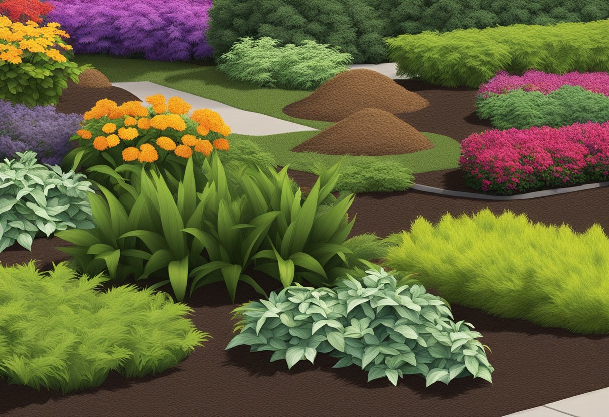 A variety of mulch products displayed in a garden setting, showcasing different textures and colors. Quality is evident through the vibrant and natural appearance of the mulch