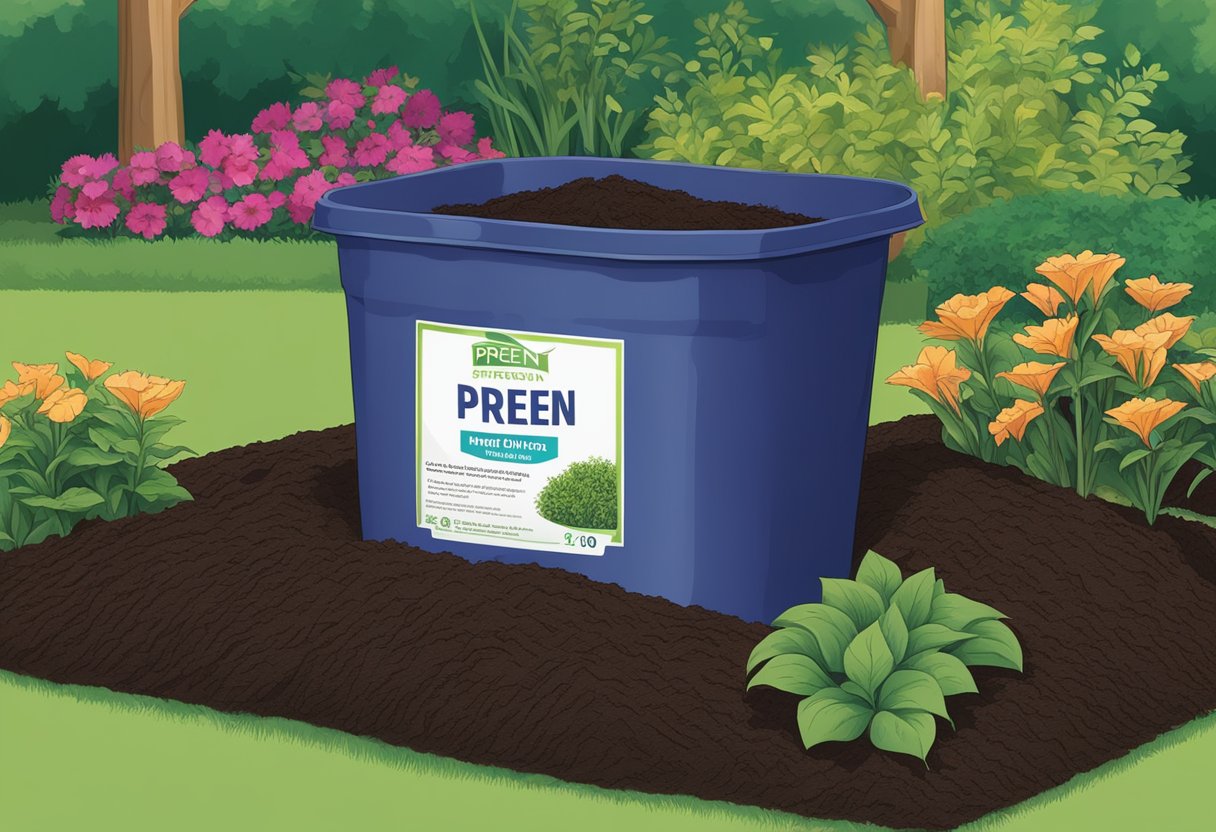 A bag of Preen Mulch sits on a garden bed, surrounded by vibrant, healthy plants. The mulch is a rich, dark color and appears to be suppressing weeds