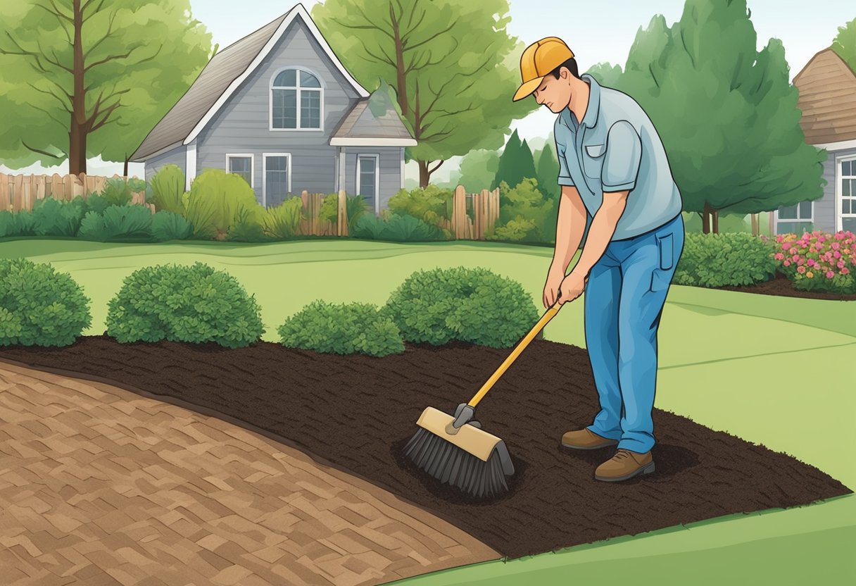 Gardener applies fresh mulch to garden beds, carefully smoothing and maintaining its even coverage. They inspect and review the mulch for any needed touch-ups or adjustments