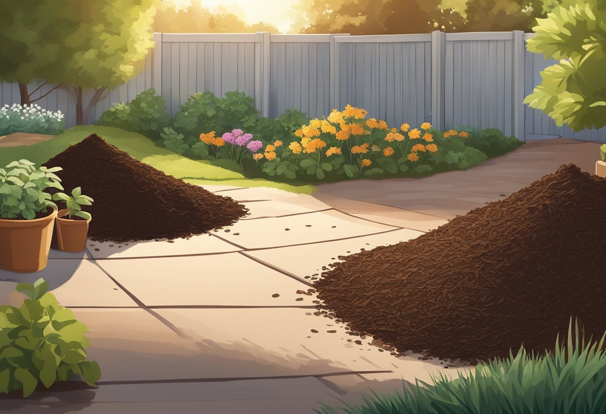 A pile of brown mulch sits in a corner of the garden, surrounded by gardening tools and bags of soil. The sun shines down, casting shadows on the textured surface of the mulch