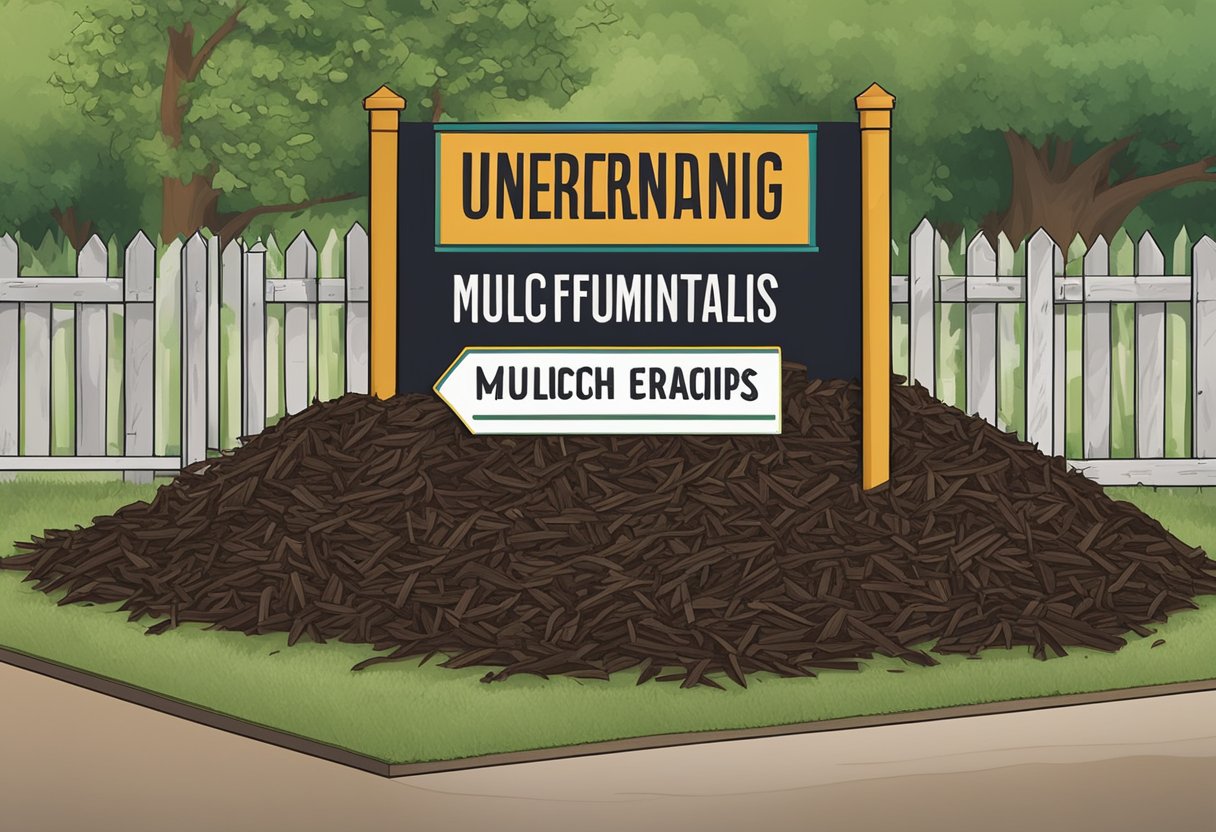 A pile of mulch sits beside a sign that reads "Understanding Mulch Fundamentals - cheapest mulch." The mulch is a dark brown color and appears to be finely shredded