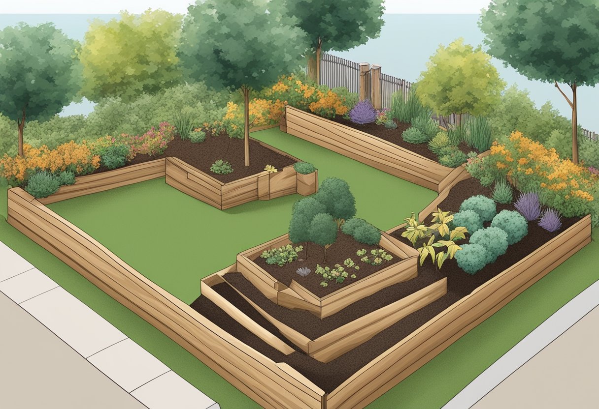 A garden with two separate areas, one covered in wood chips and the other in mulch. Each area is labeled with a sign indicating the type of material used