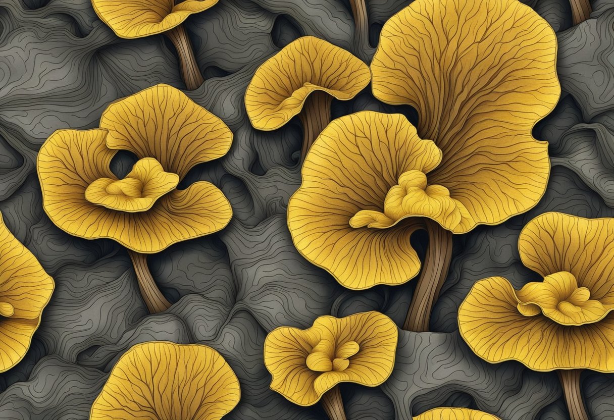 Yellow fungus grows on damp mulch, spreading in intricate patterns. The vibrant color contrasts with the earthy tones of the decomposing material