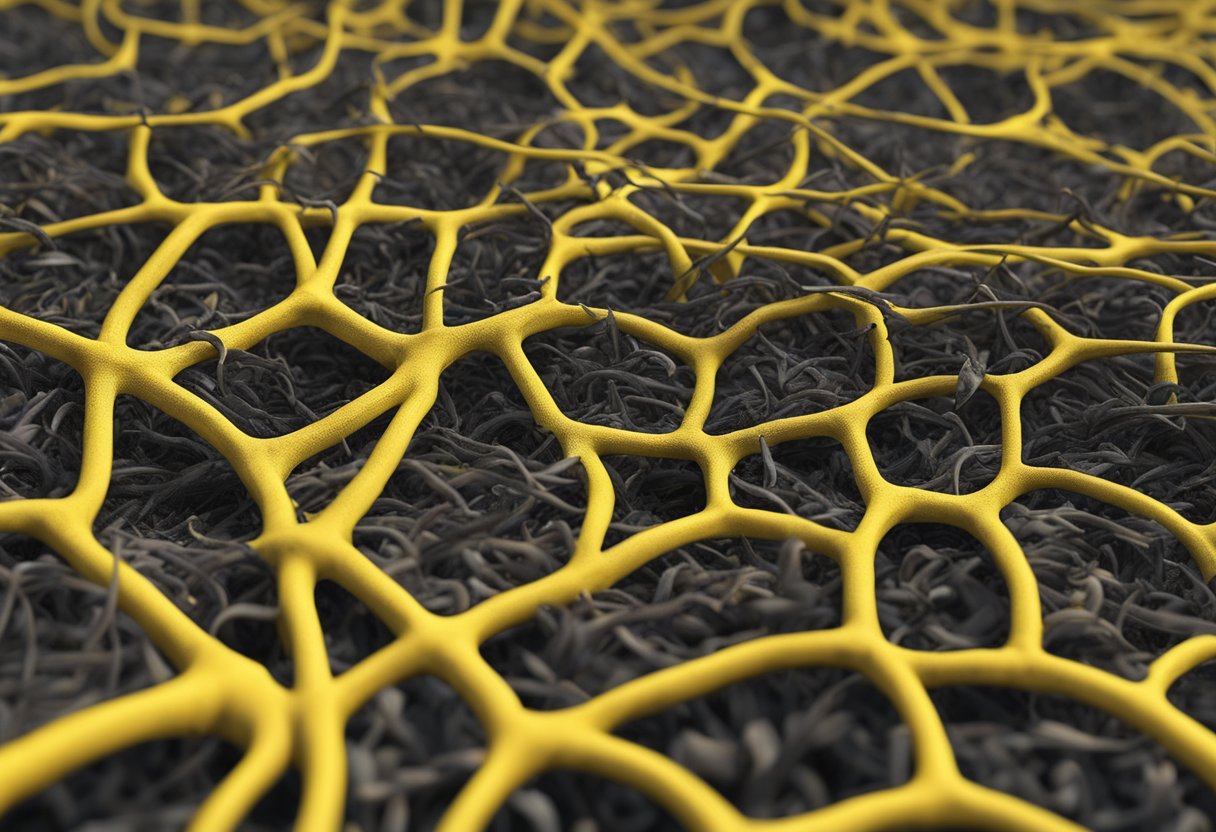 Yellow fungus spreads across damp mulch, its thin tendrils reaching and intertwining, creating a web-like pattern