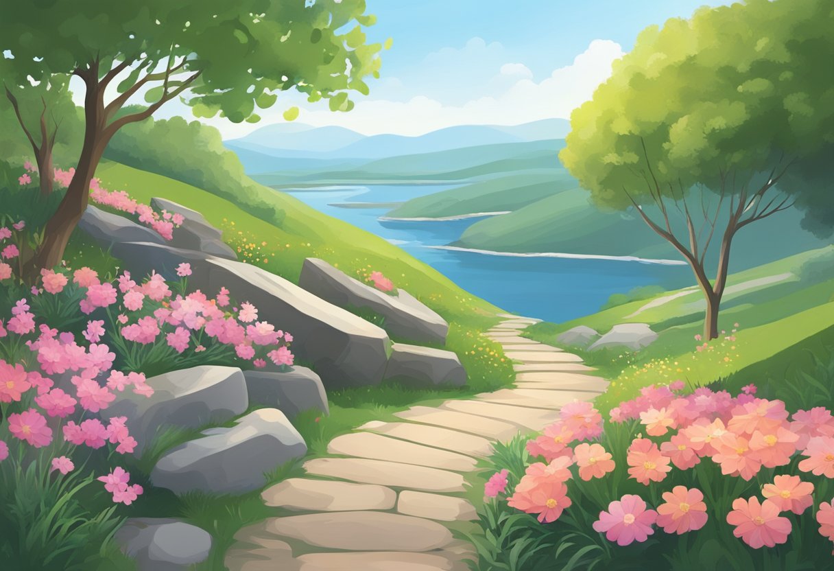 A serene landscape with a winding path leading towards a bright, hopeful horizon. A guidebook sits open on a rock, surrounded by blooming flowers