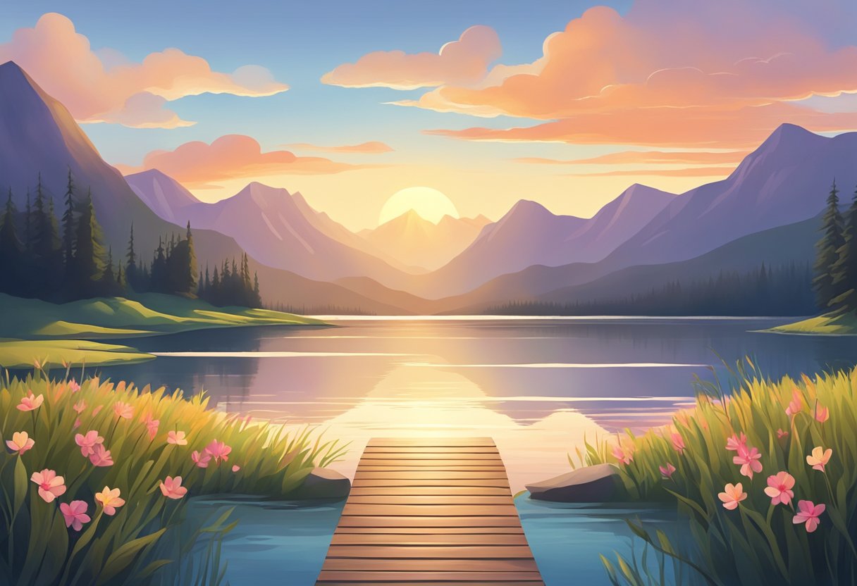 A serene sunrise over a calm lake, with a distant mountain range in the background. A path leads towards the mountains, symbolizing the journey towards achieving realistic goals and making positive changes in life