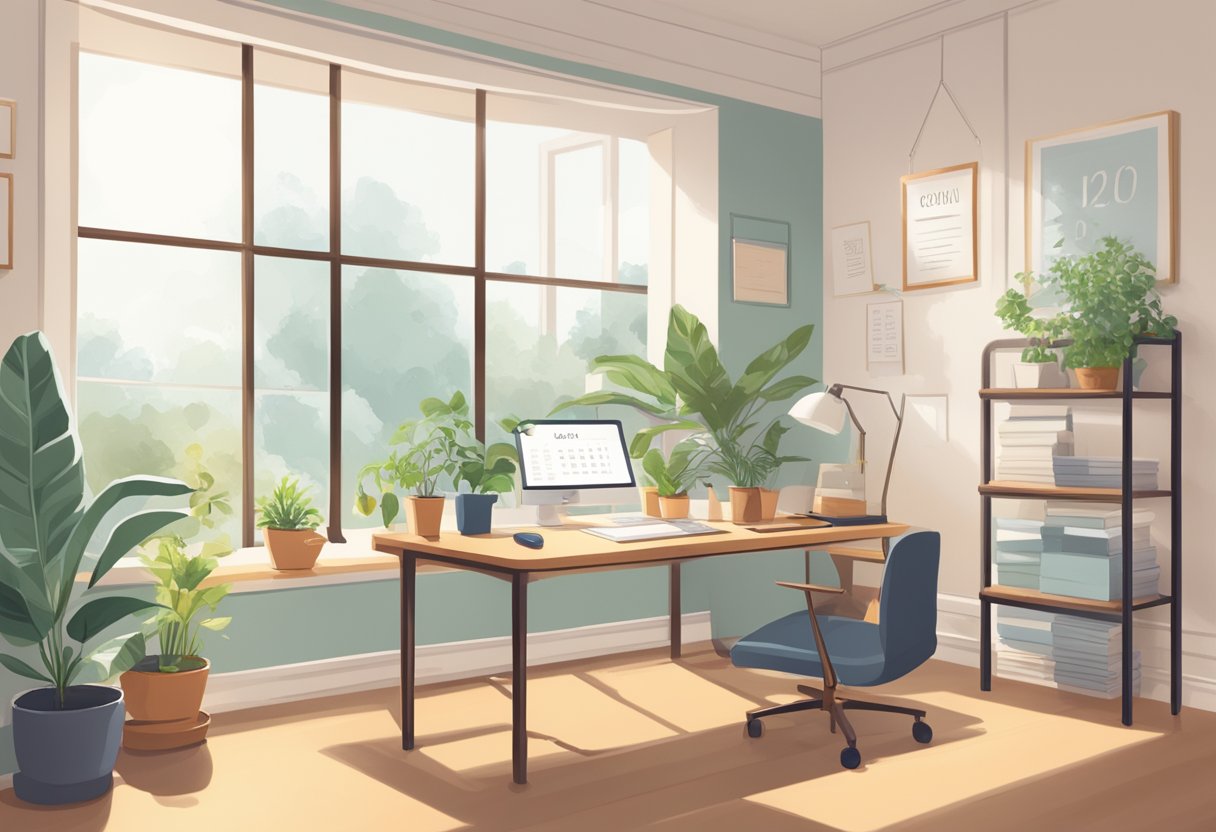 A serene, sunlit room with a neatly organized desk, a plant on the windowsill, and a calendar marked with daily goals and achievements