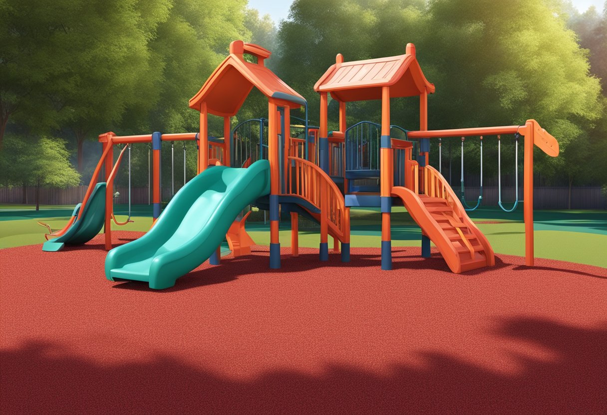 A playground covered in vibrant red rubber mulch, with soft and springy texture, creating a safe and colorful play area