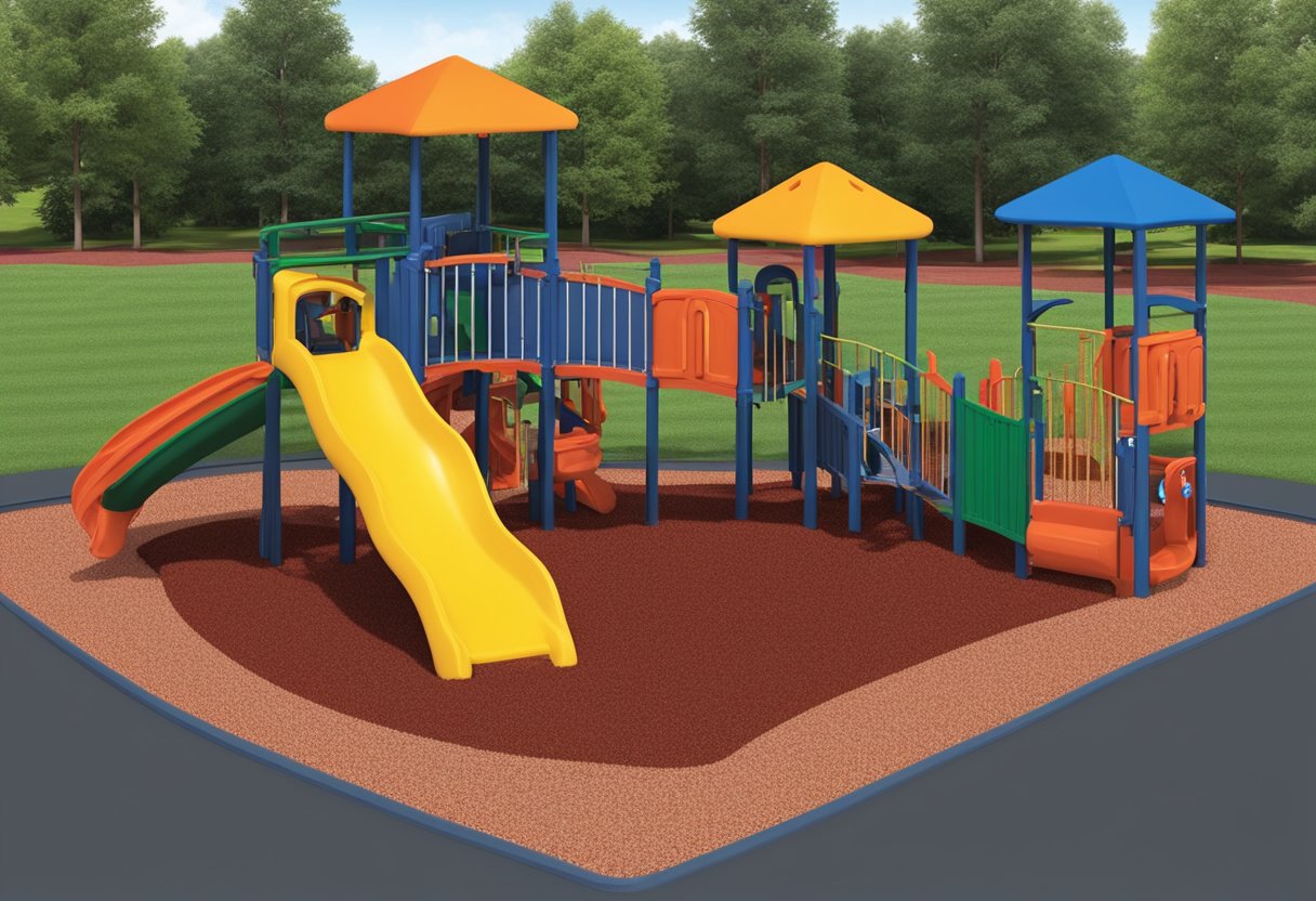 Vibrant red rubber mulch spread across a playground, providing a soft and cushioned surface. A child happily plays, while the mulch's durability and low maintenance are evident