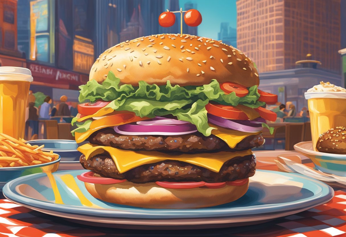 A towering, colorful burger with overflowing toppings and a wild, handcrafted bun sits on a checkered plate, surrounded by a vibrant, bustling diner atmosphere