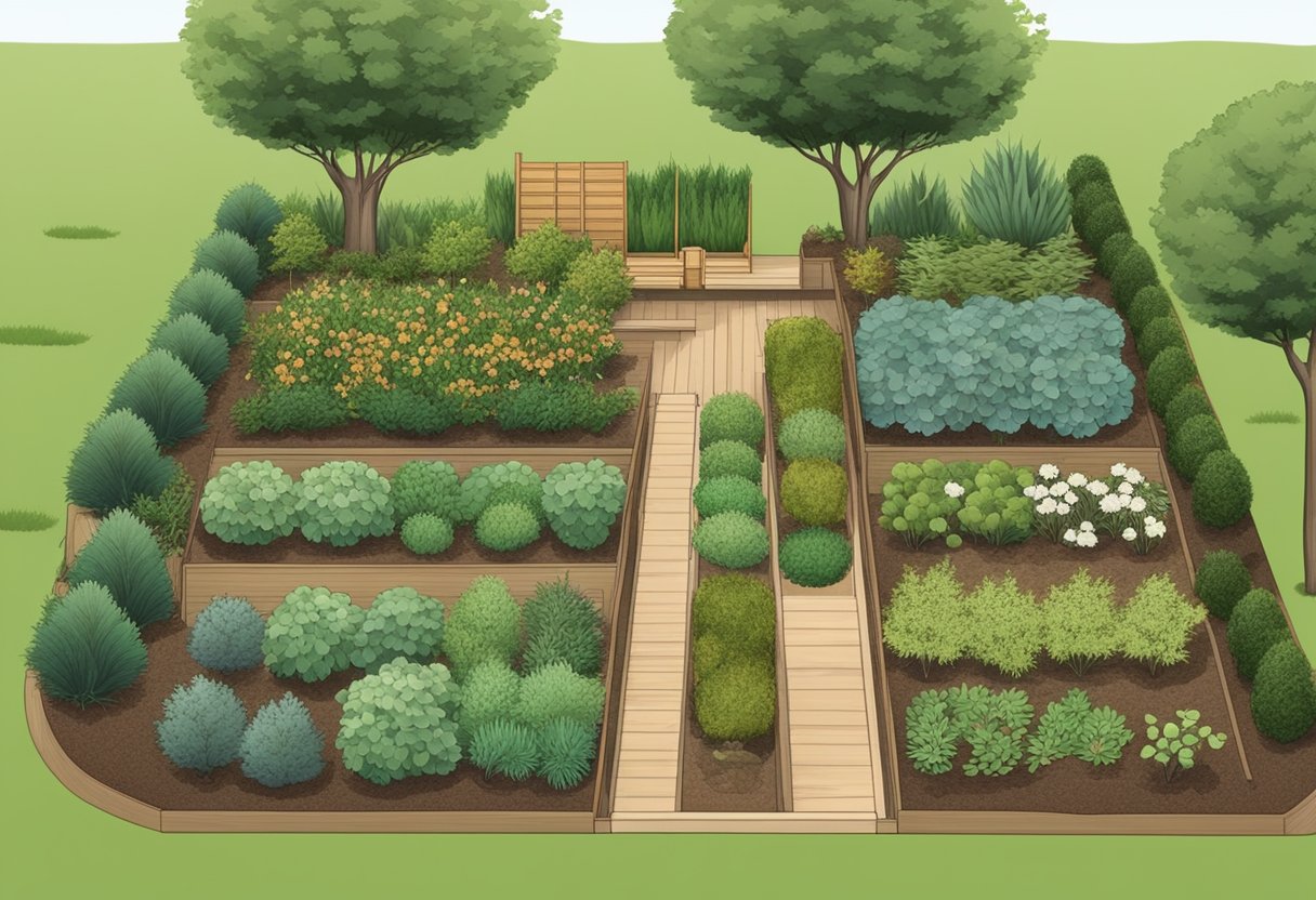 A garden with two separate sections, one mulched with cedar and the other with cypress. Each section is labeled with the type of mulch used, and there are plants and trees growing in both areas