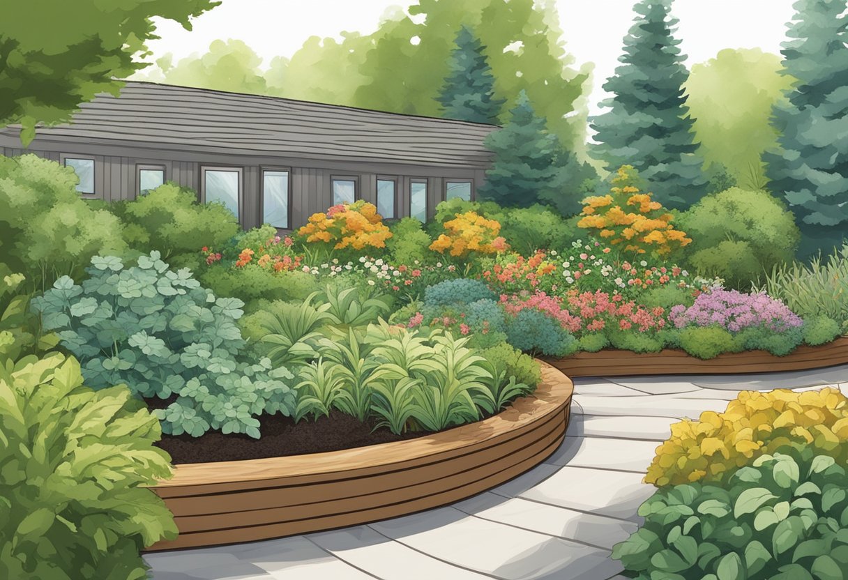 A lush garden bed with cedar mulch, surrounded by thriving plants. The mulch retains moisture, suppresses weeds, and adds a natural, earthy aesthetic to the landscape