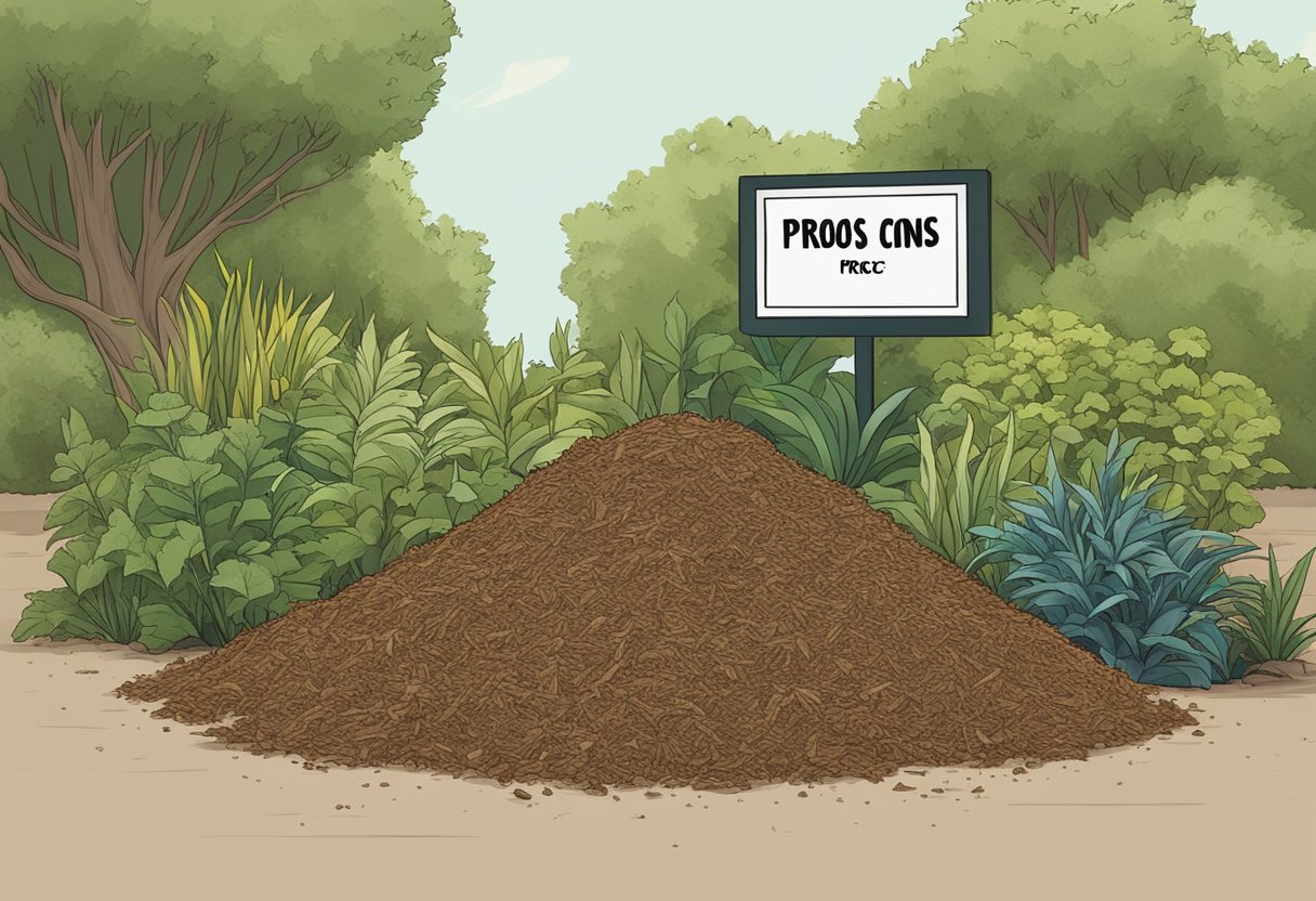 A pile of cedar mulch surrounded by wilting plants, with a sign listing pros and cons
