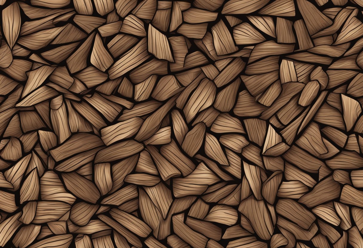 Hardwood mulch covers the ground, with small, irregular pieces in shades of brown. It provides a textured, natural look with a slightly rough surface