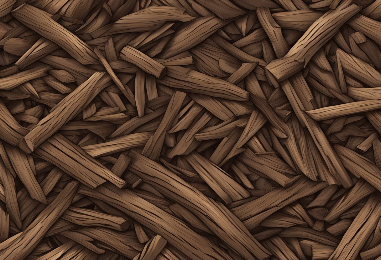 A pile of hardwood mulch, dark brown in color, with a coarse texture and a natural earthy aroma. Twigs, bark, and wood chips are visible throughout