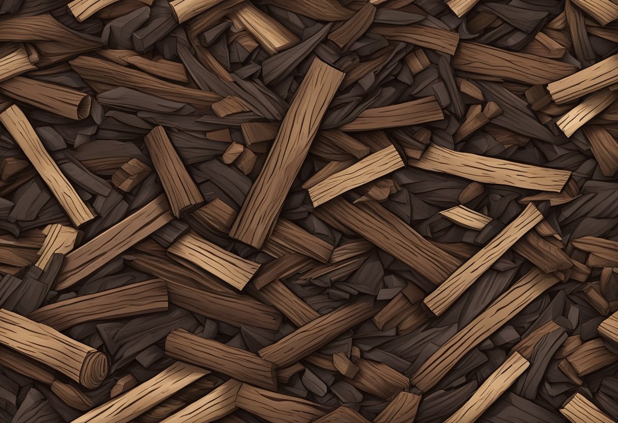 A pile of rich, dark hardwood mulch lies in a neat, even layer, with visible wood chips and a fresh, earthy aroma
