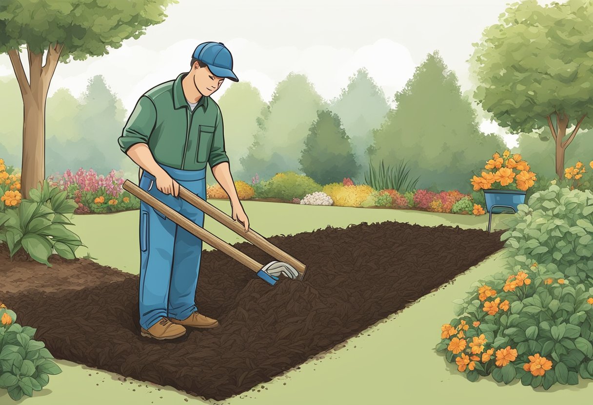 A gardener spreads mulch evenly, measuring its depth with a ruler