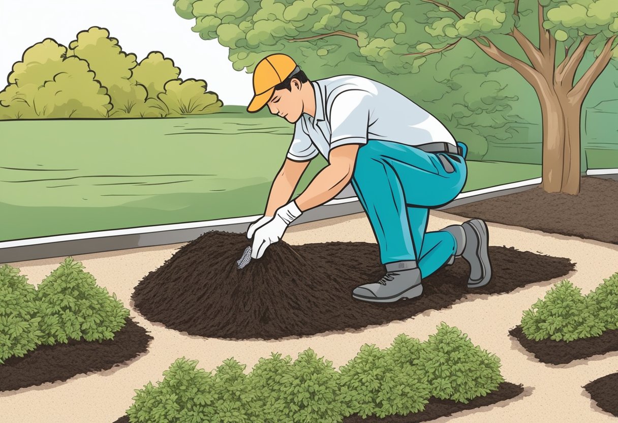 Mulch covered in white mold, with a gardener removing affected areas to prevent spread