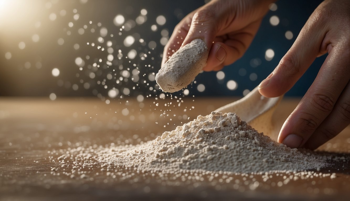 A hand sprinkles dry diatomaceous earth onto a wet surface, creating a powdery layer
