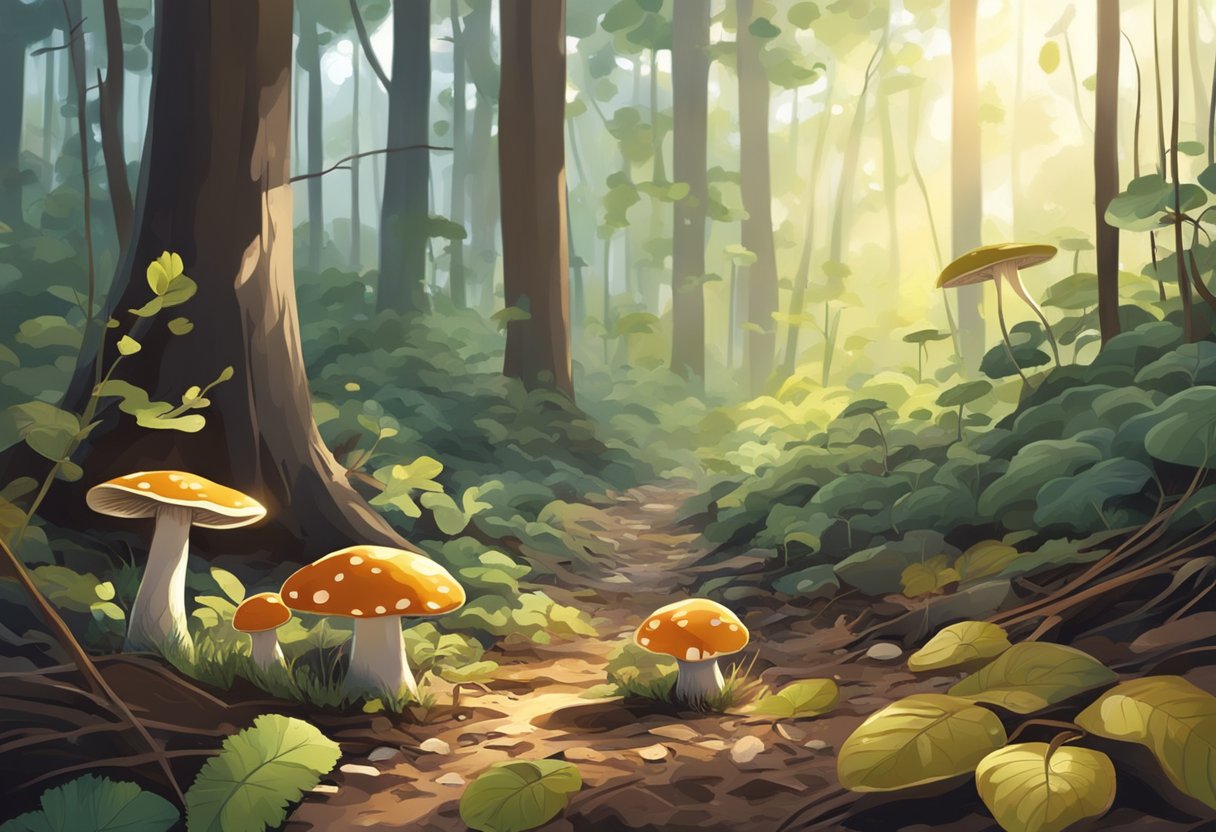 Mushrooms sprout from damp mulch, nestled among decaying leaves and twigs. Sunlight filters through the trees, casting dappled shadows on the forest floor