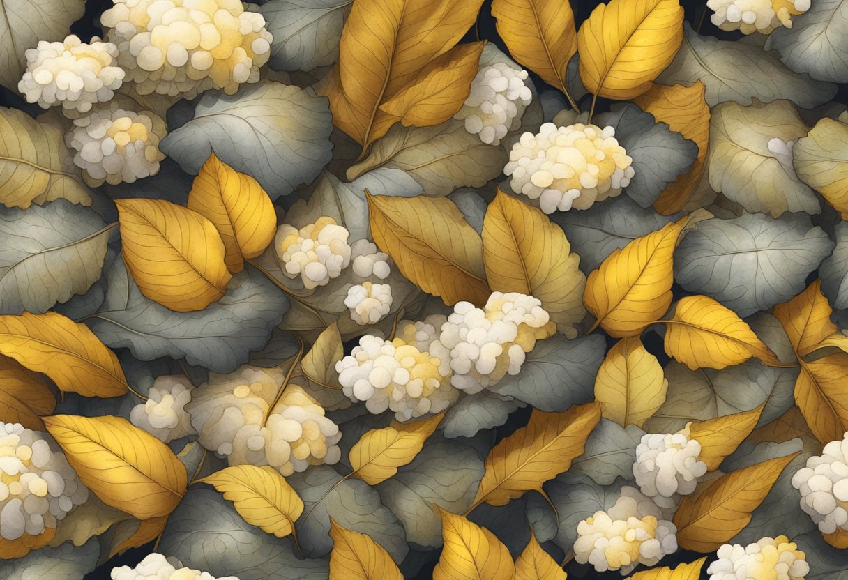 A pile of damp, decaying leaves covered in a fuzzy layer of white and yellow fungus