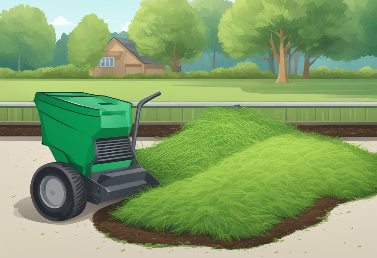 Freshly cut grass clippings being spread as mulch or collected in a bag