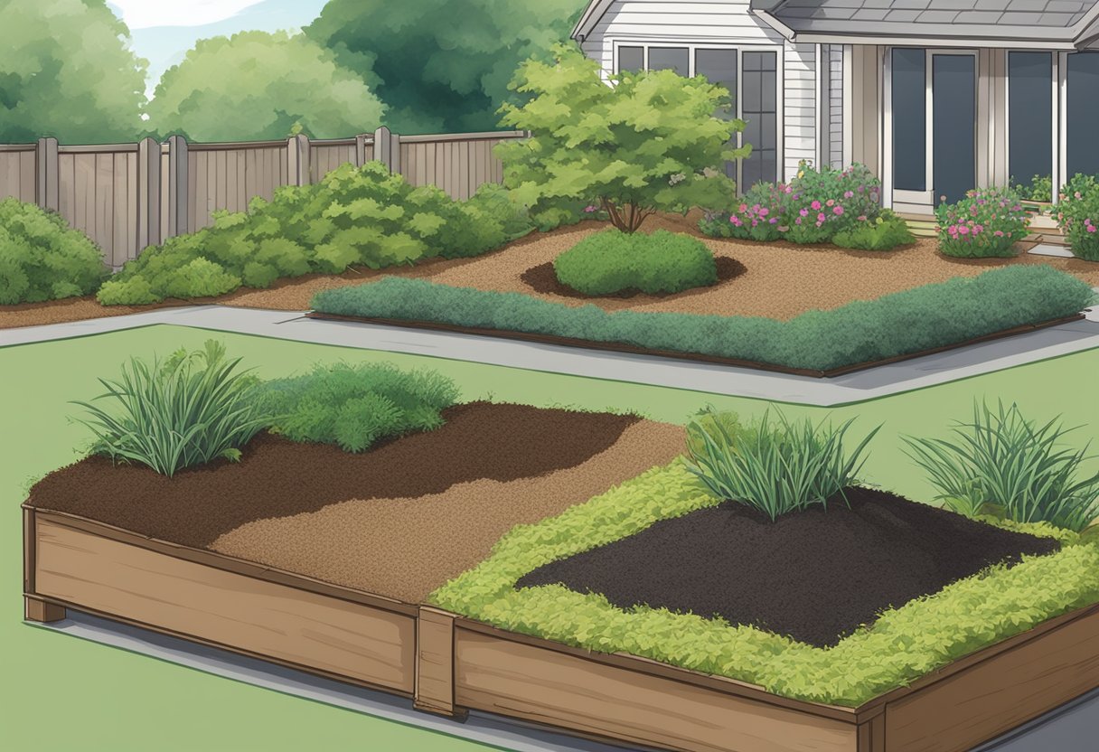 A garden with two separate areas: one with mulch spread around plants, and the other with grass clippings bagged and piled up. The mulched area shows healthy plants and soil, while the bagged grass area looks messy and lacks the