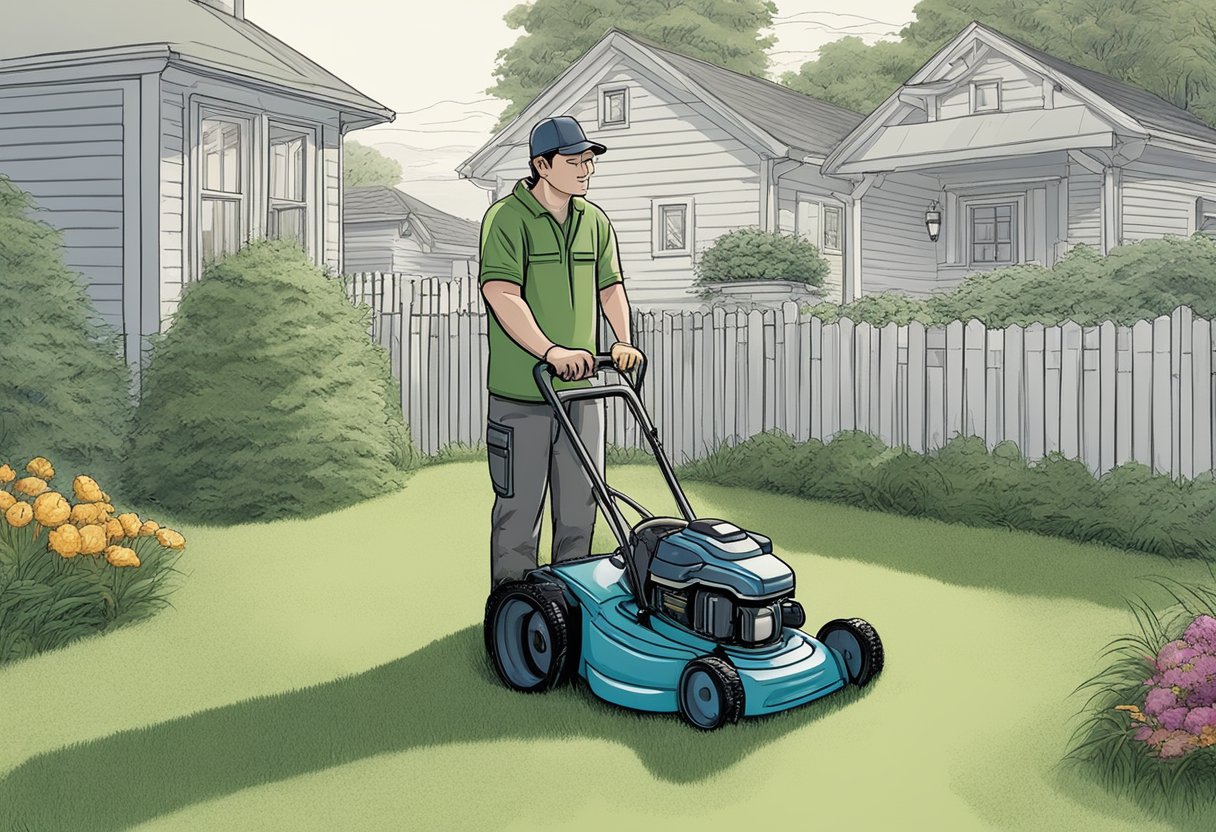 A lawnmower sits in a yard, surrounded by piles of freshly cut grass. A person holds a bag in one hand and a rake in the other, contemplating whether to mulch or bag the grass clippings