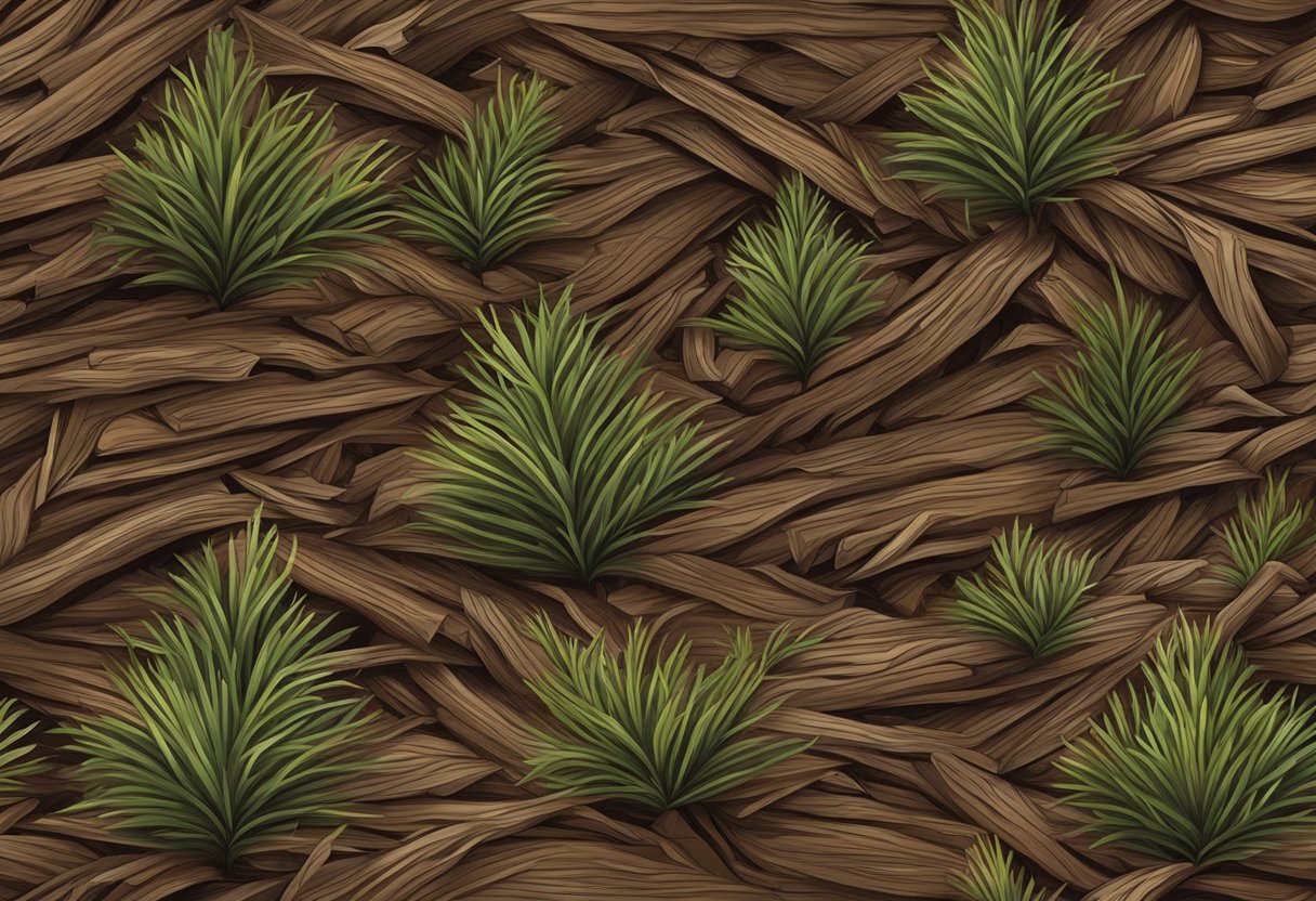 Pine mulch lies in a thick layer, emitting a faint, earthy scent. Its rich, reddish-brown color contrasts with the surrounding greenery