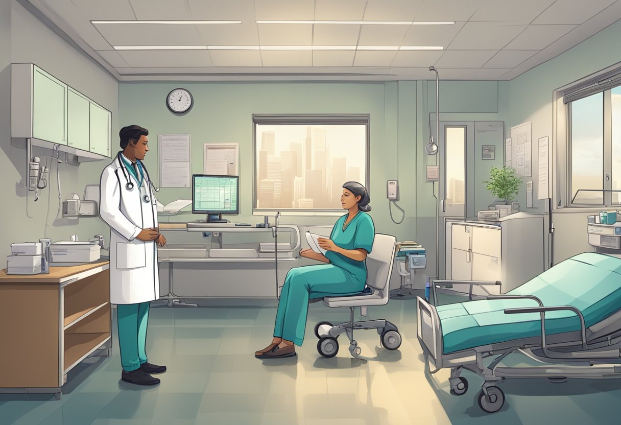 A doctor discusses treatment options with a patient in a hospital room. Medical charts and equipment are scattered around the room