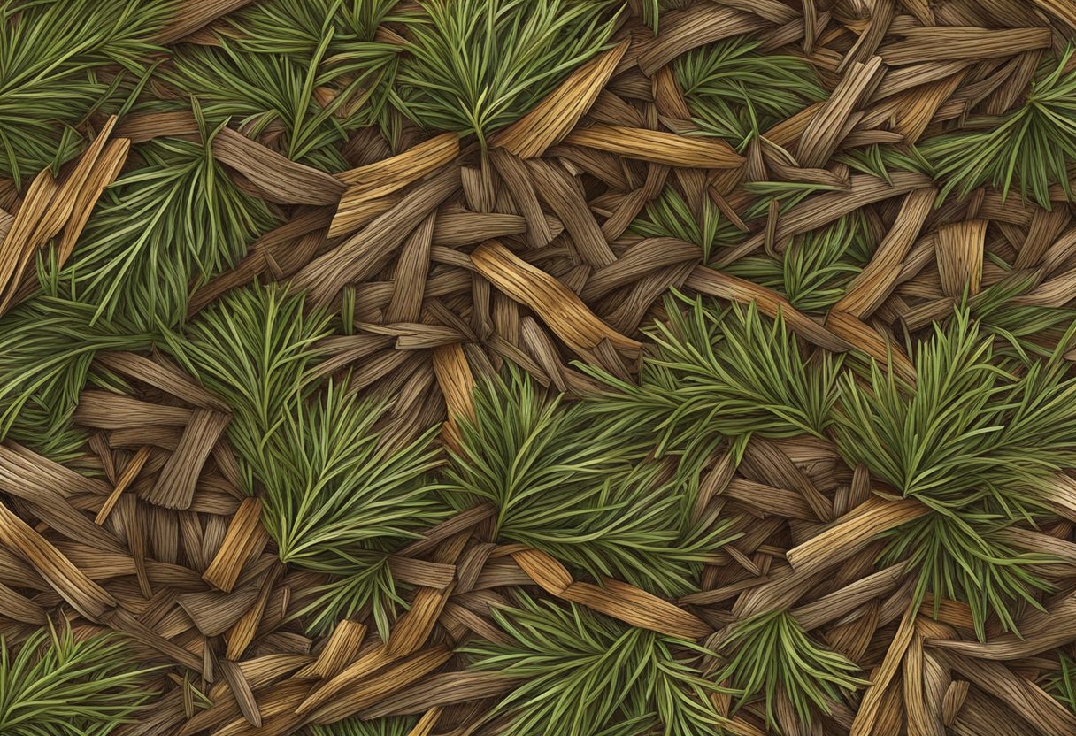 Pine mulch spread evenly around garden plants, showing its texture, color, and size variations