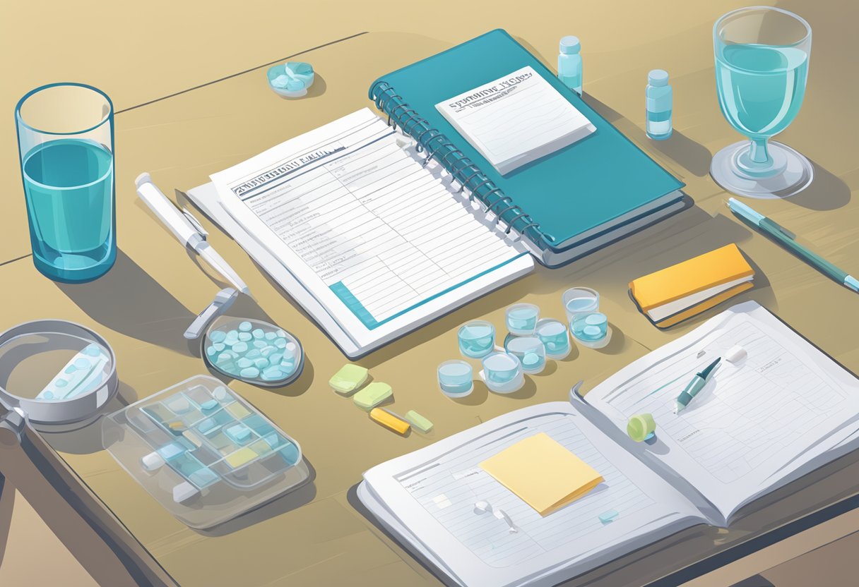 A patient's medication and treatment plan laid out on a table, with a glass of water and a journal for tracking symptoms