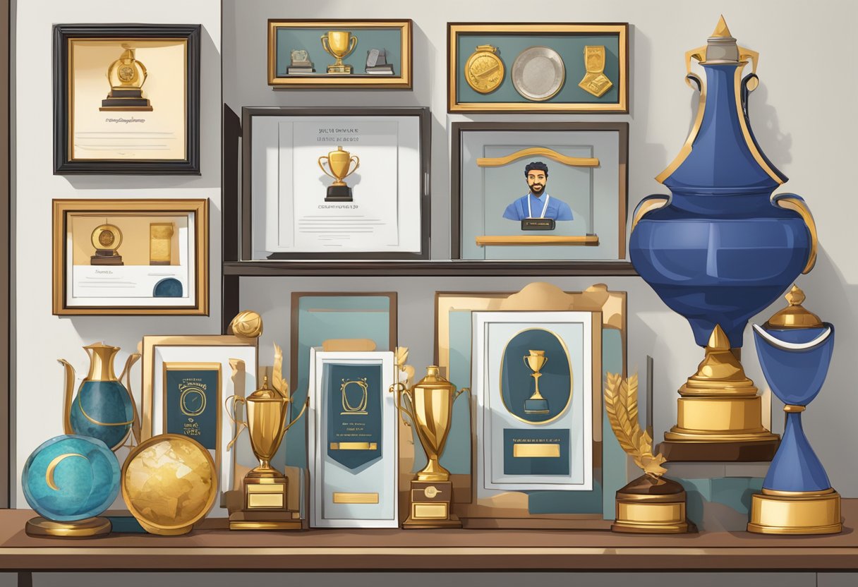Sumedh Mudgalkar's achievements: trophies, medals, and accolades displayed on a shelf. Age, girlfriend, and family photos in frames nearby