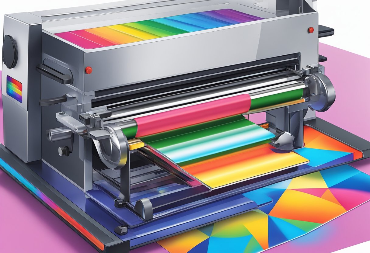 Vibrant colors mixing in a heat press, transferring onto a blank surface. A timer counts down as the image comes to life