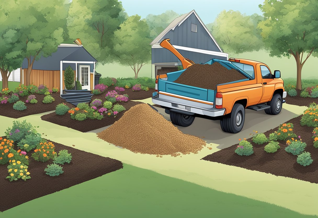 A truck unloads fresh mulch onto a garden bed, surrounded by bags and piles of mulch. Shovels and wheelbarrows are scattered nearby