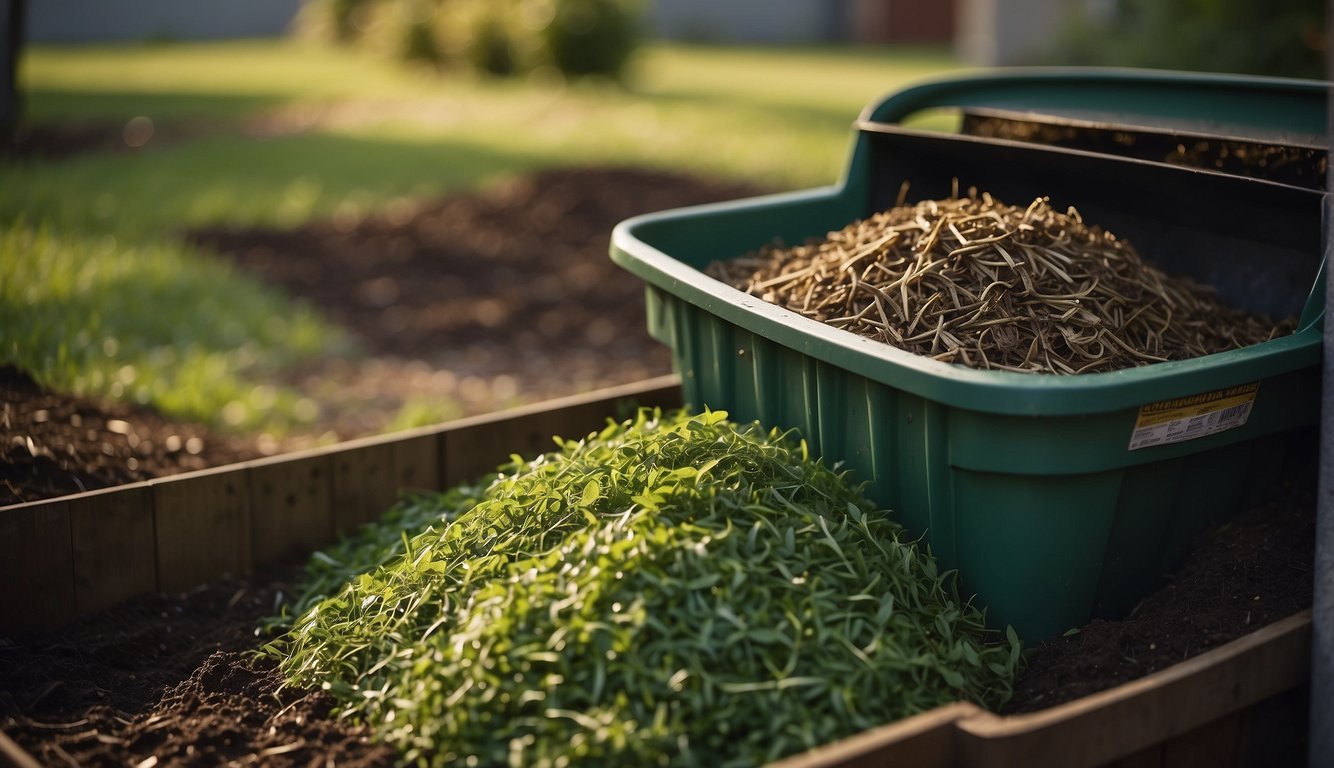 Grass clippings pile on ground, surrounded by compost bin and rake. Bin open, ready to receive clippings. Rake nearby for gathering and transferring clippings