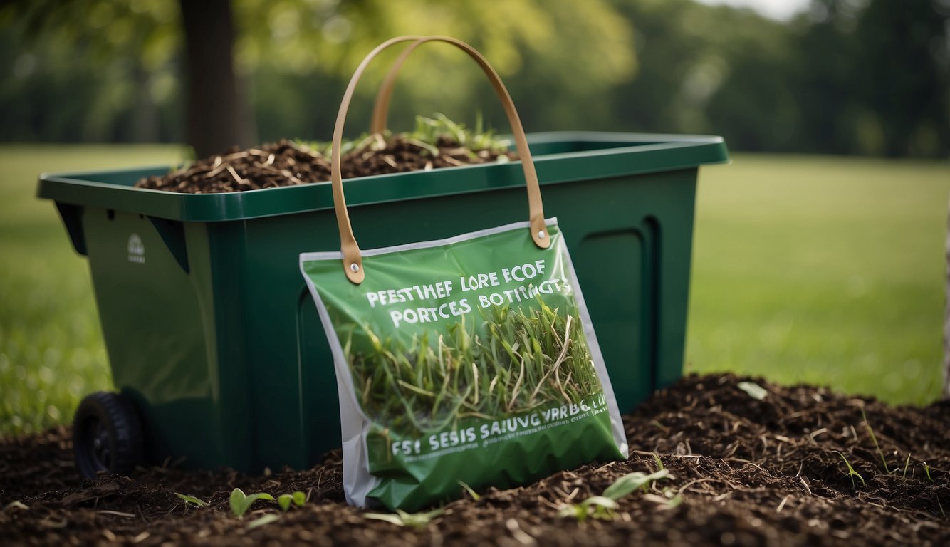 Grass clippings being swept into a compost bin, with a reusable bag for collection and a sign promoting eco-friendly practices