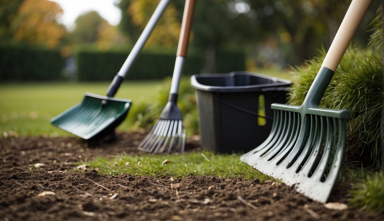 A rake and shovel sit next to a pile of grass clippings. A trash bag is open and ready for disposal. A broom and dustpan are nearby for sweeping up any remaining debris