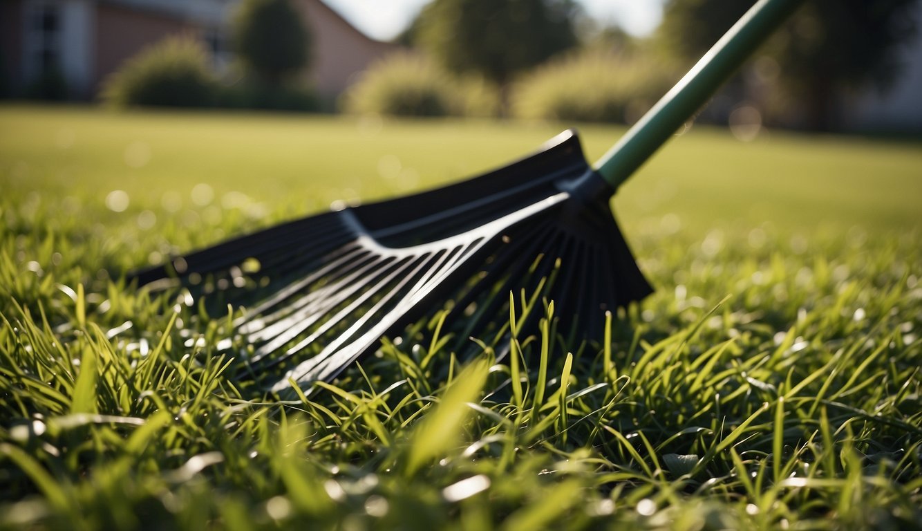 Grass clippings scattered on a lawn, with a rake and a trash bag nearby for cleanup