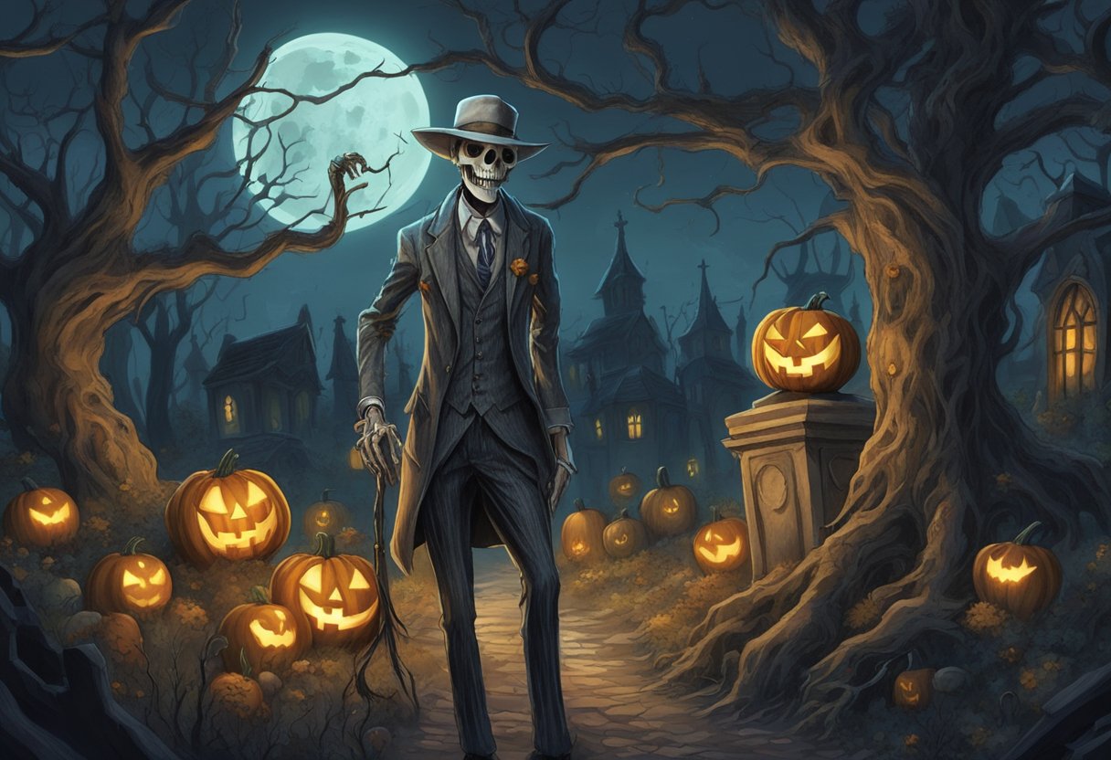 A spooky, skeletal figure with a tattered suit and a stitched-up grin stands in a moonlit graveyard, surrounded by twisted, gnarled trees and eerie, glowing jack-o-lanterns