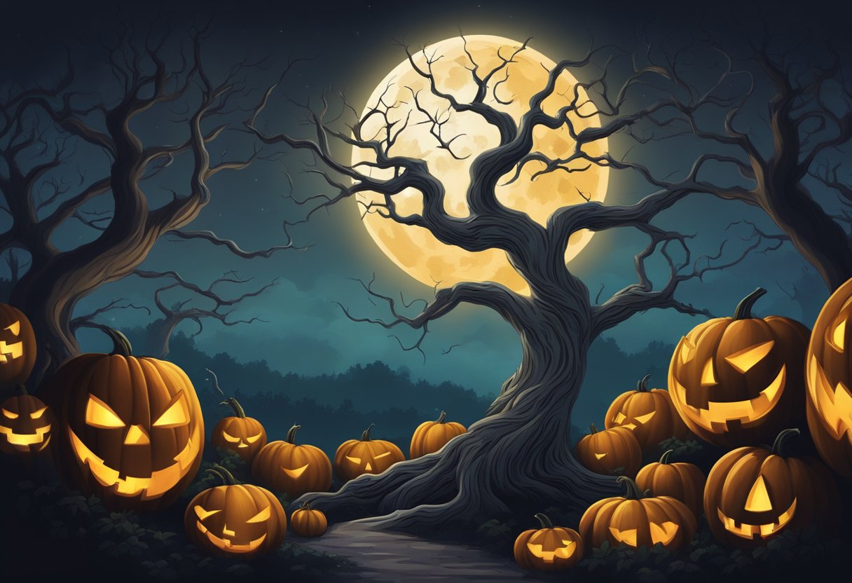 A spooky, twisted tree with gnarled branches and a full moon in the background. A mischievous, grinning jack-o-lantern sits at the base of the tree