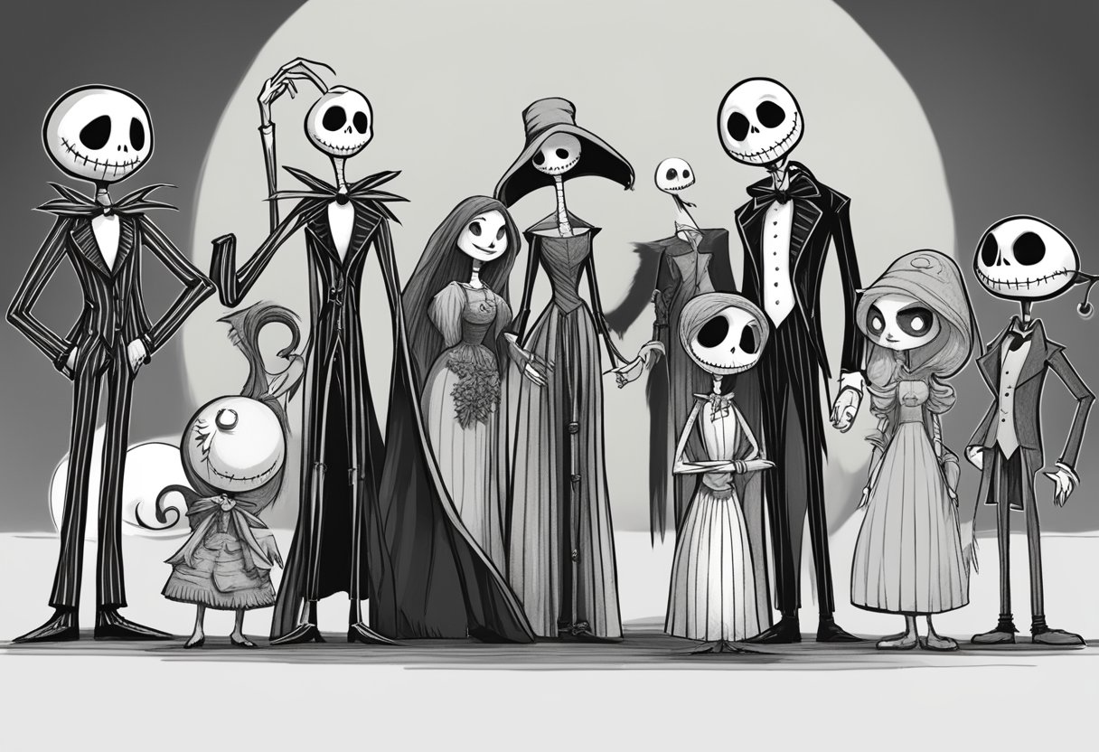 A group of iconic Nightmare Before Christmas characters stand in a line, each with a distinct expression and pose, ready to be sorted into their respective quiz results